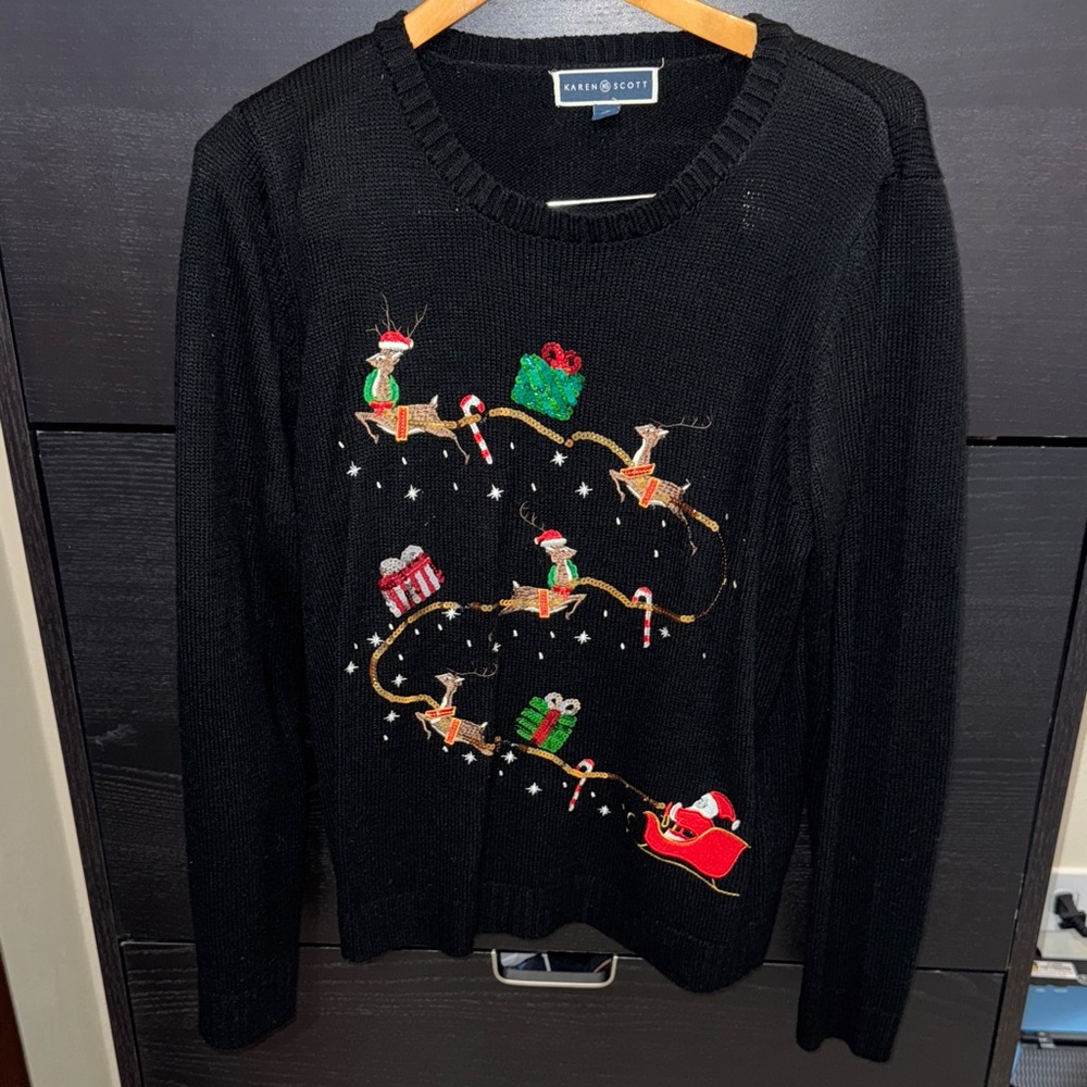 Karen Scott Black Sweater with Festive Design